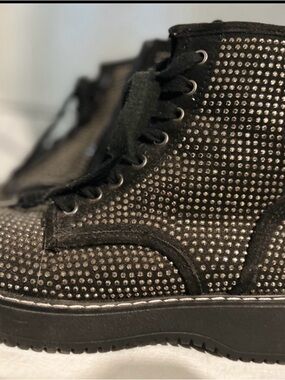 Black Rhinestone Lace-Up Ankle Boots with Platform Sole